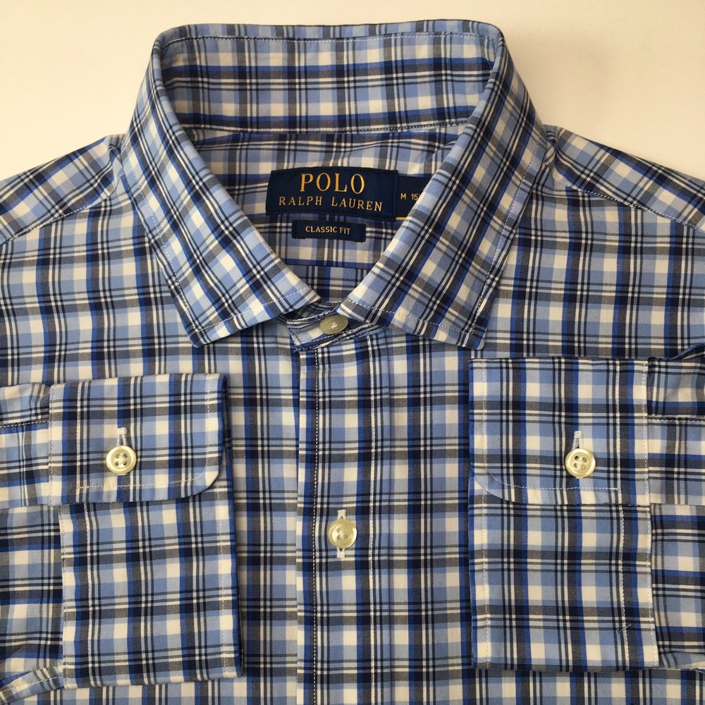 Polo Ralph Lauren Dress Shirt Mens M 15.5 Classic Fit Long Sleeve Plaid‎ Blue